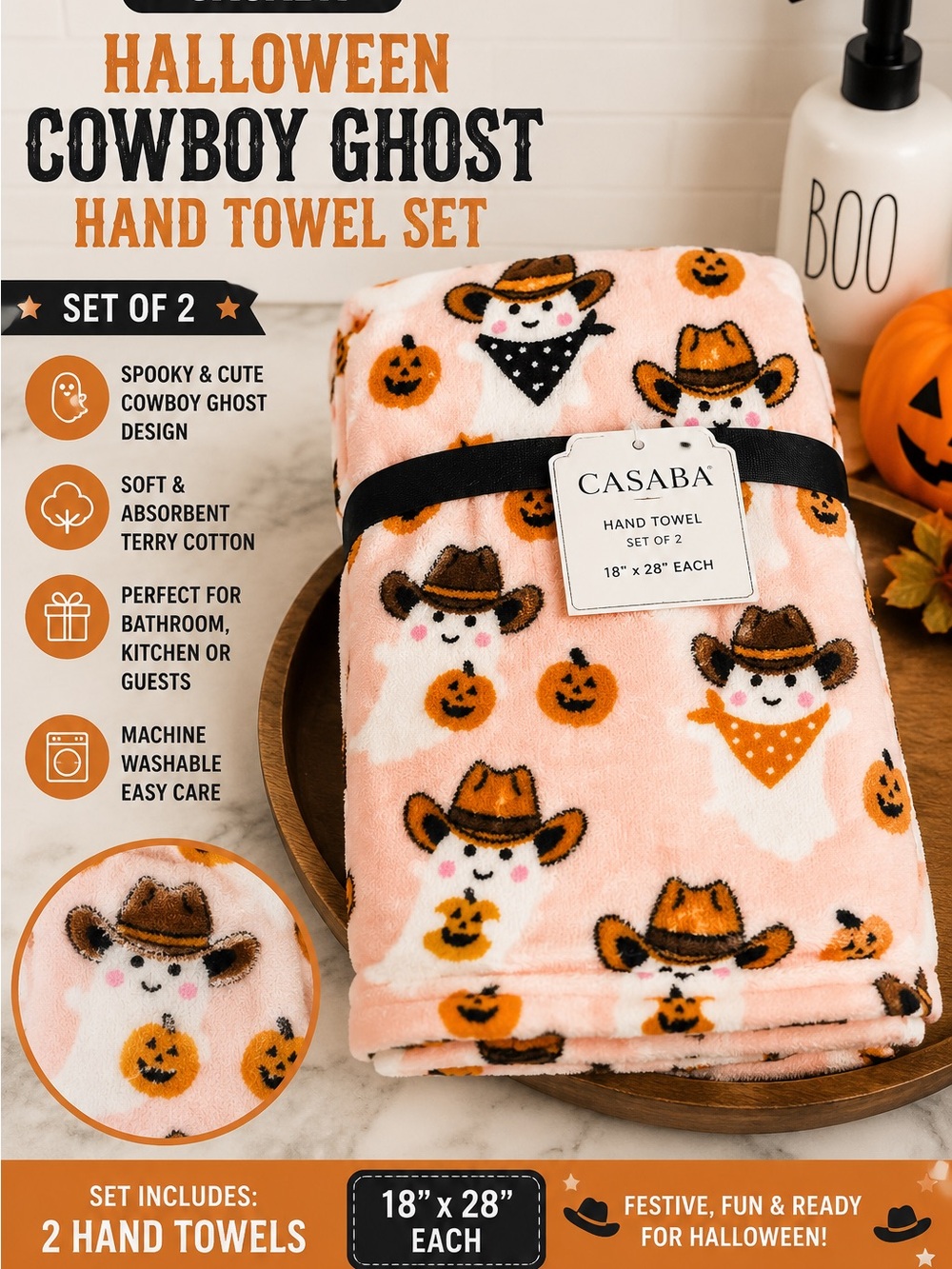 Casaba Halloween Cowboy Ghost Pink Hand Towel Set of 2
